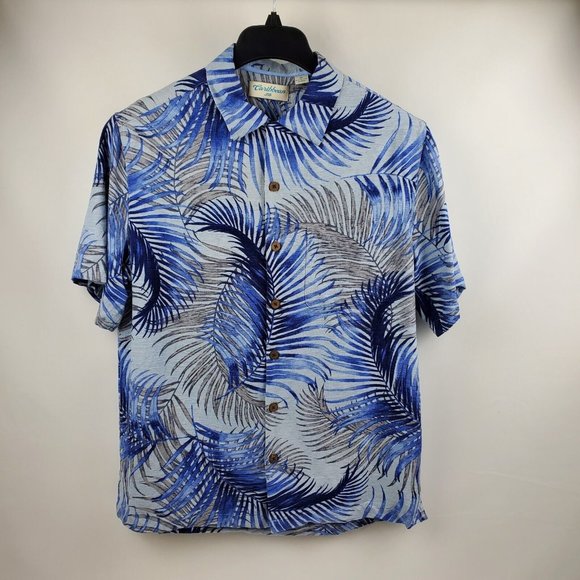 Caribbean Silk Mens Short Sleeve Button Up Shirt Medium Blue Feathers - Picture 1 of 7